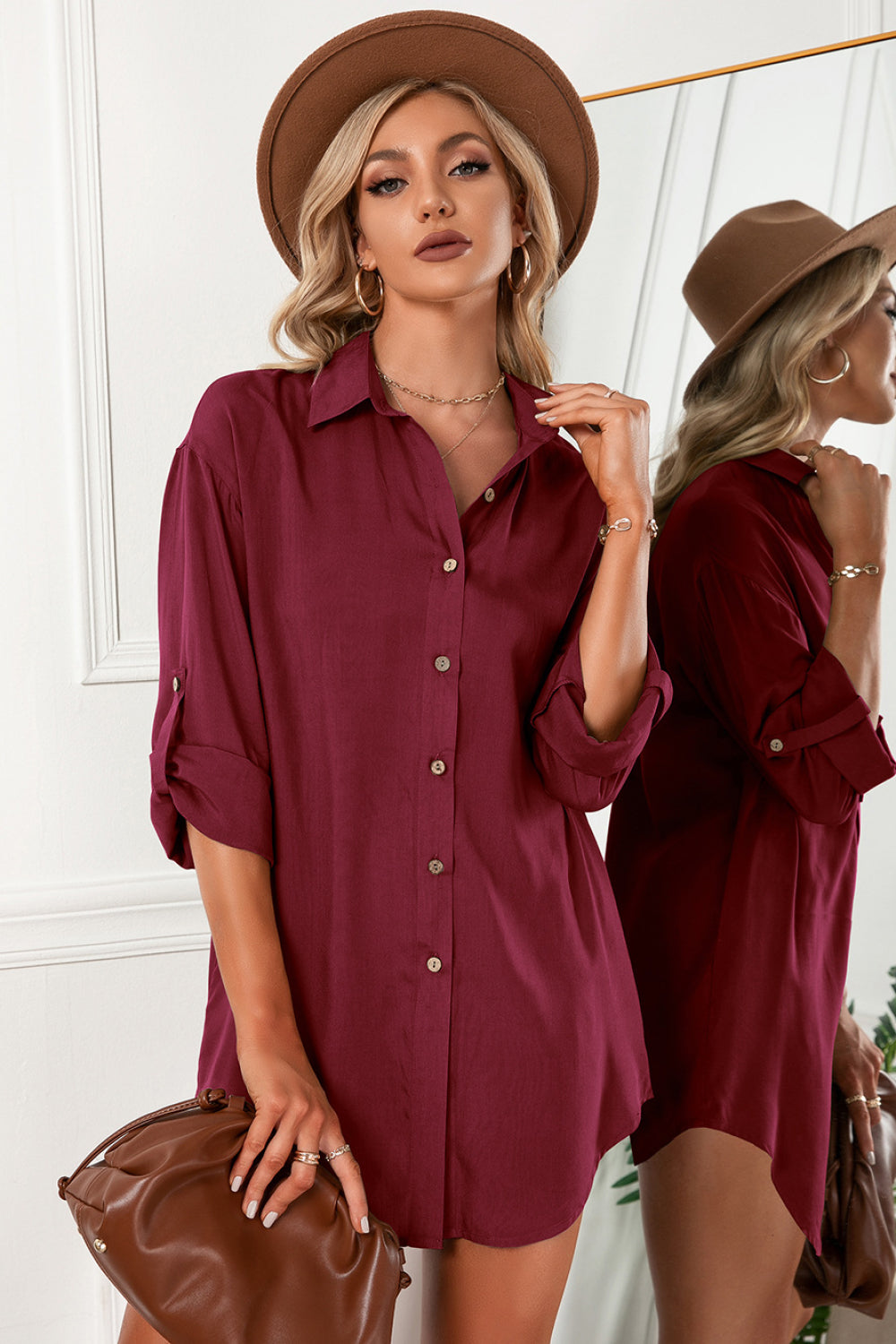 Solid Button Up Drop Shoulder Blouse - Absolute Fashion 2020