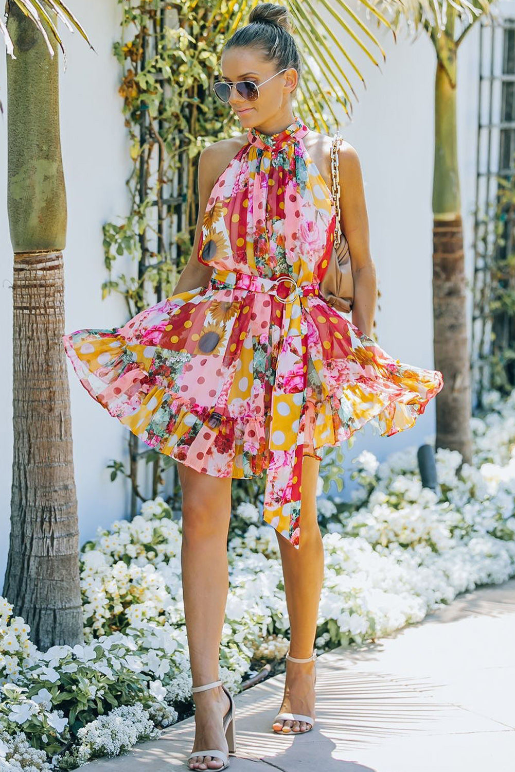 Floral Polka Dot Belted Sleeveless Mini Dress