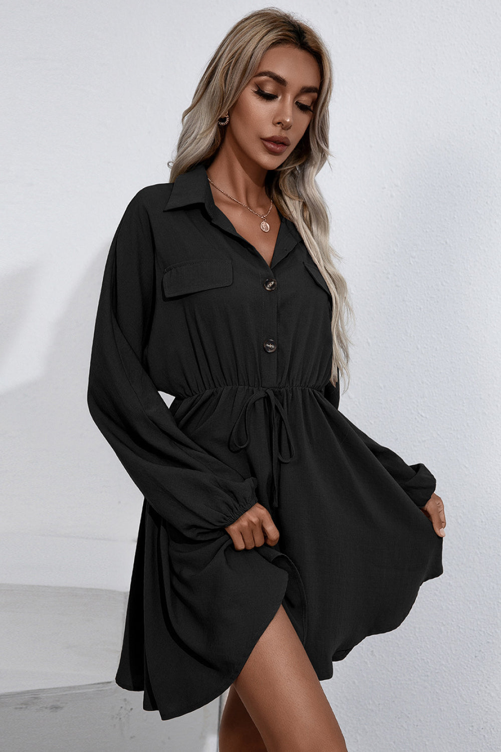 Collared Tie Waist Button Up Shirt Dress - Absolute Fashion 2020