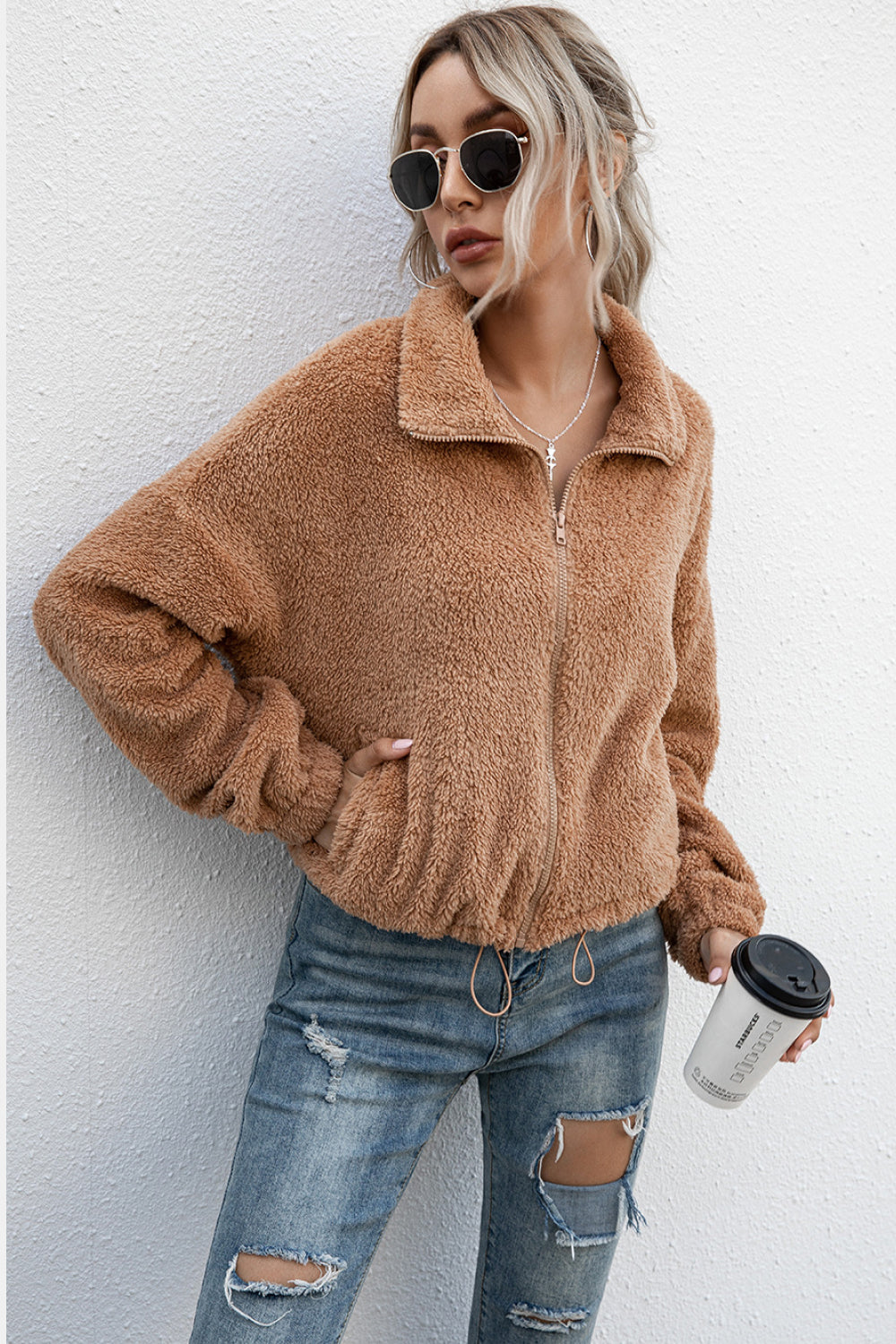 Drawstring Hem Zip Up Teddy Jacket - Absolute Fashion 2020