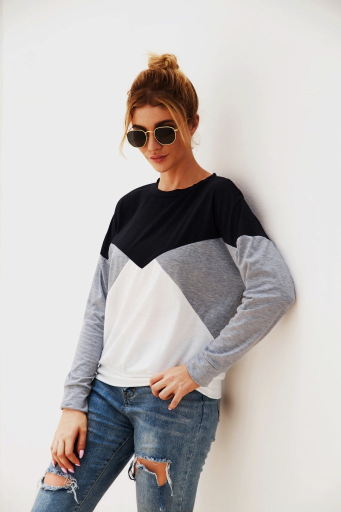 Color Block Round Neck Long Sleeve Top