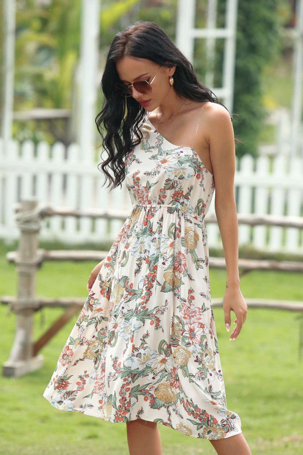 Floral Print Asymmetrical-neck Tie-waist Dress