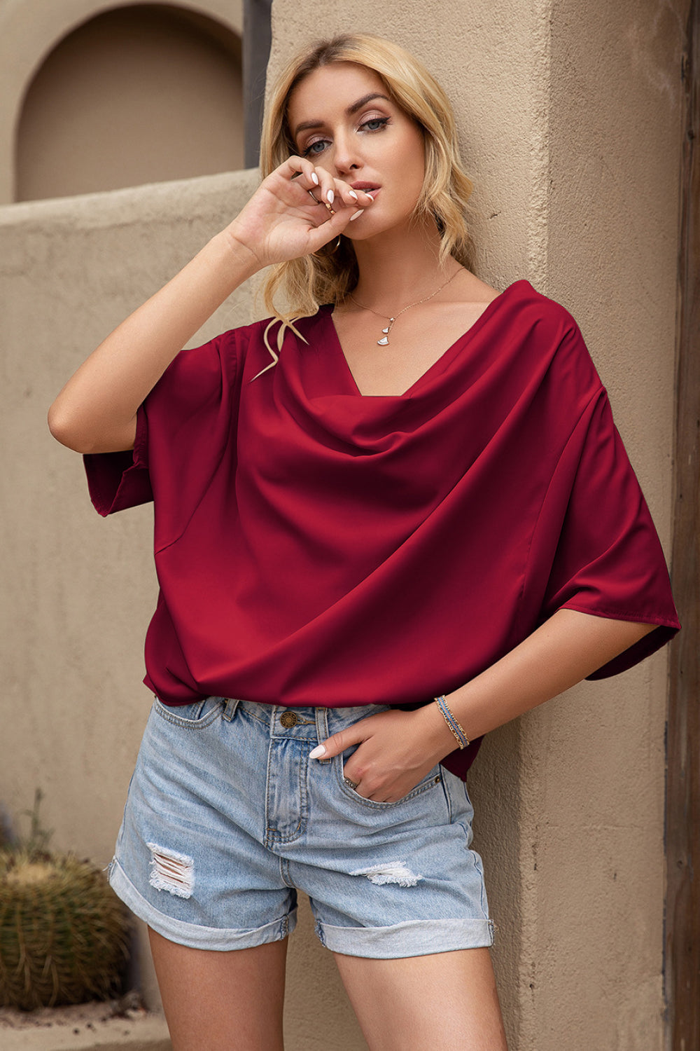Draped Neck Bating Sleeve Top - Absolute Fashion 2020
