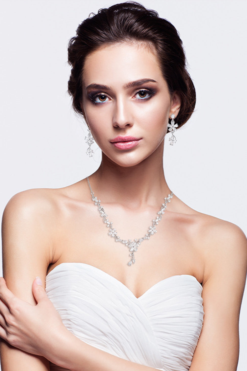 Flower Cubic Zirconia Necklace and Drop Earrings Set
