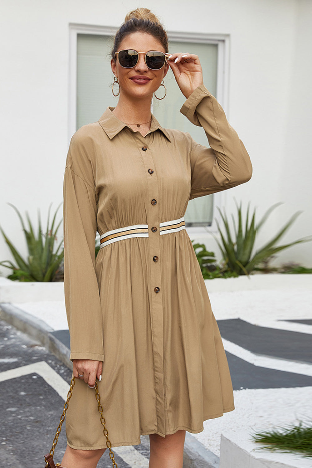 Button Down Contrast Banding Dress - Absolute Fashion 2020