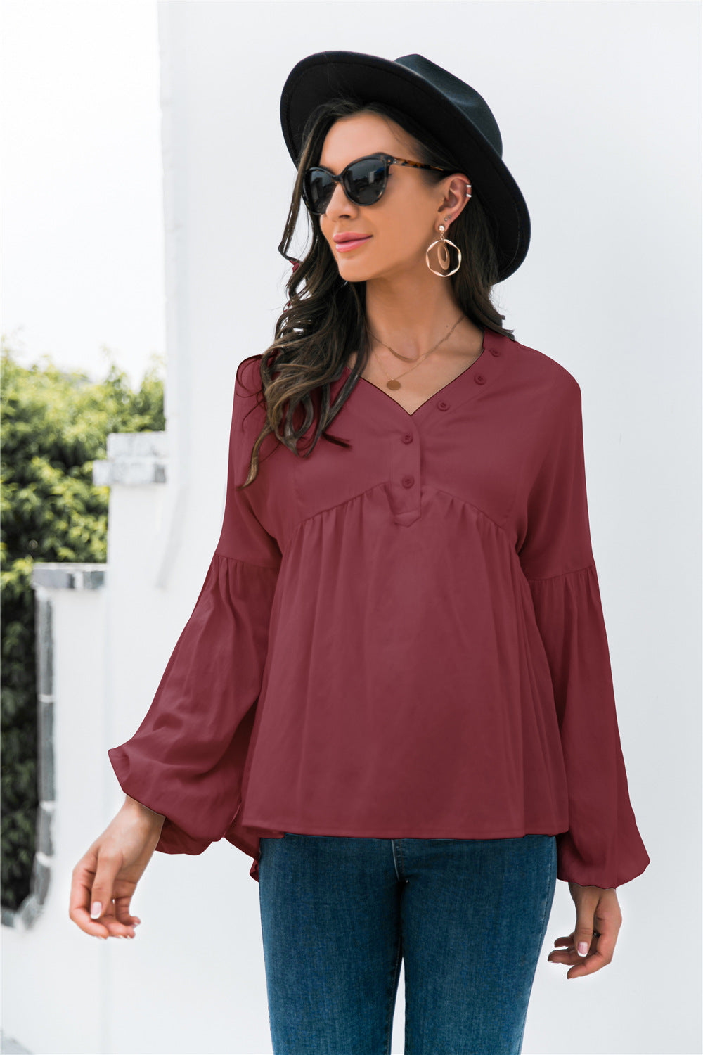 Button Detail Lantern Sleeve Peplum Top - Absolute Fashion 2020