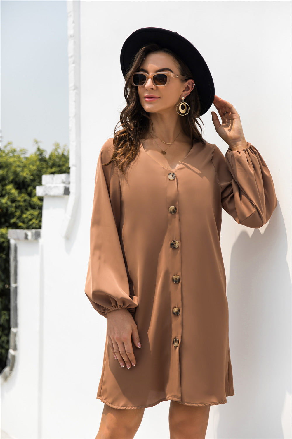 V Neck Button Through Smock Dress - Absolute Fashion 2020
