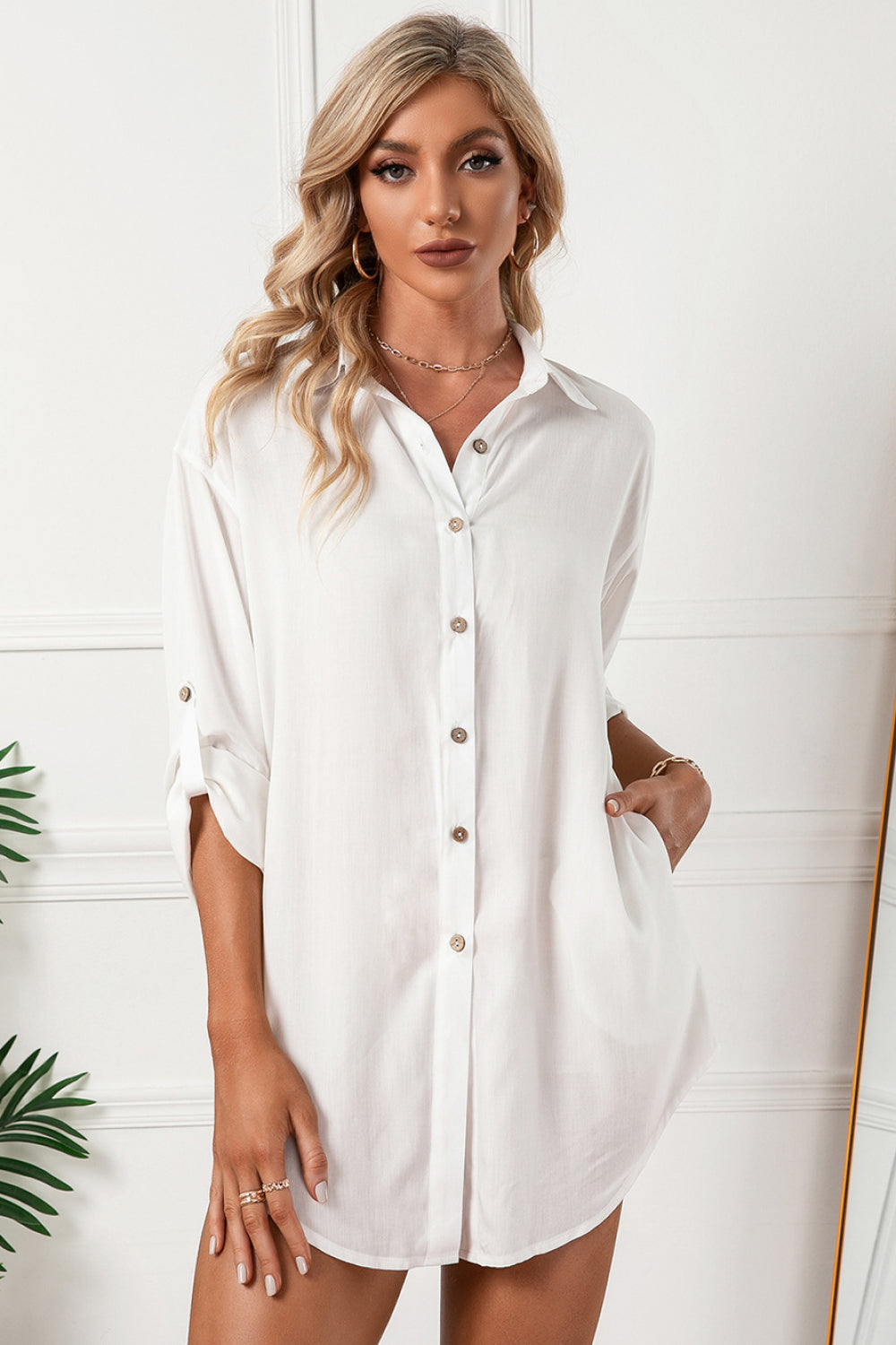 Solid Button Up Drop Shoulder Blouse - Absolute Fashion 2020