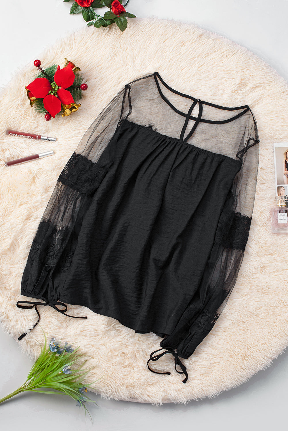 Contrast Sheer Mesh Lace Up Blouse - Absolute Fashion 2020