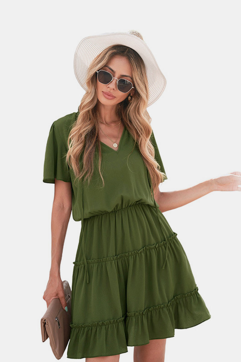 Tie Neck Ruffle Hem Tiered Dress - Absolute Fashion 2020