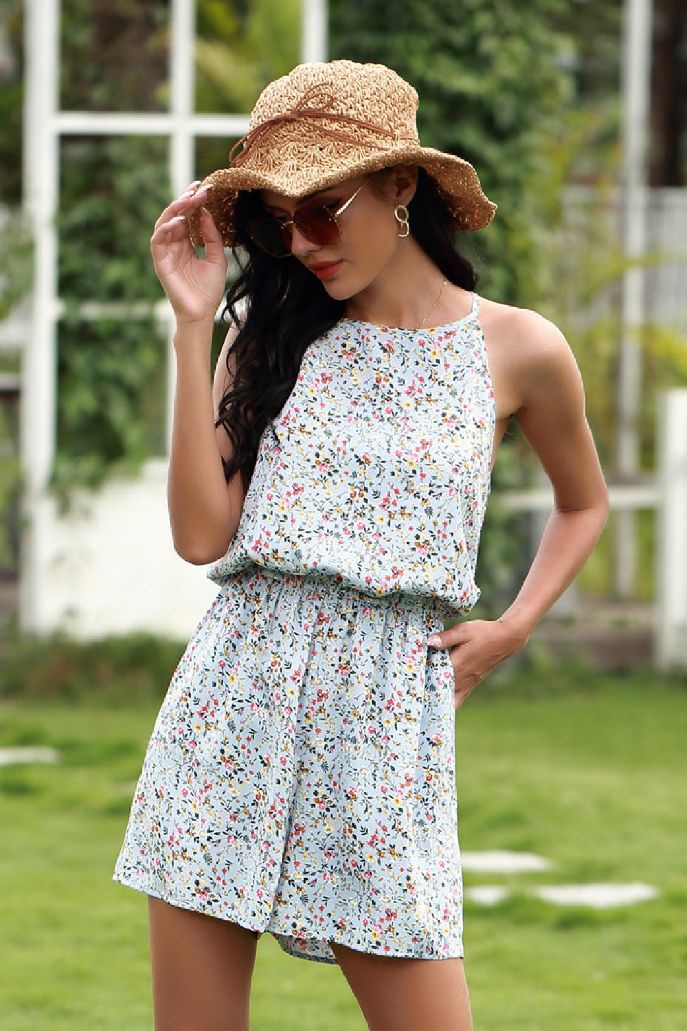 Ditsy Print Halter Jumpsuit