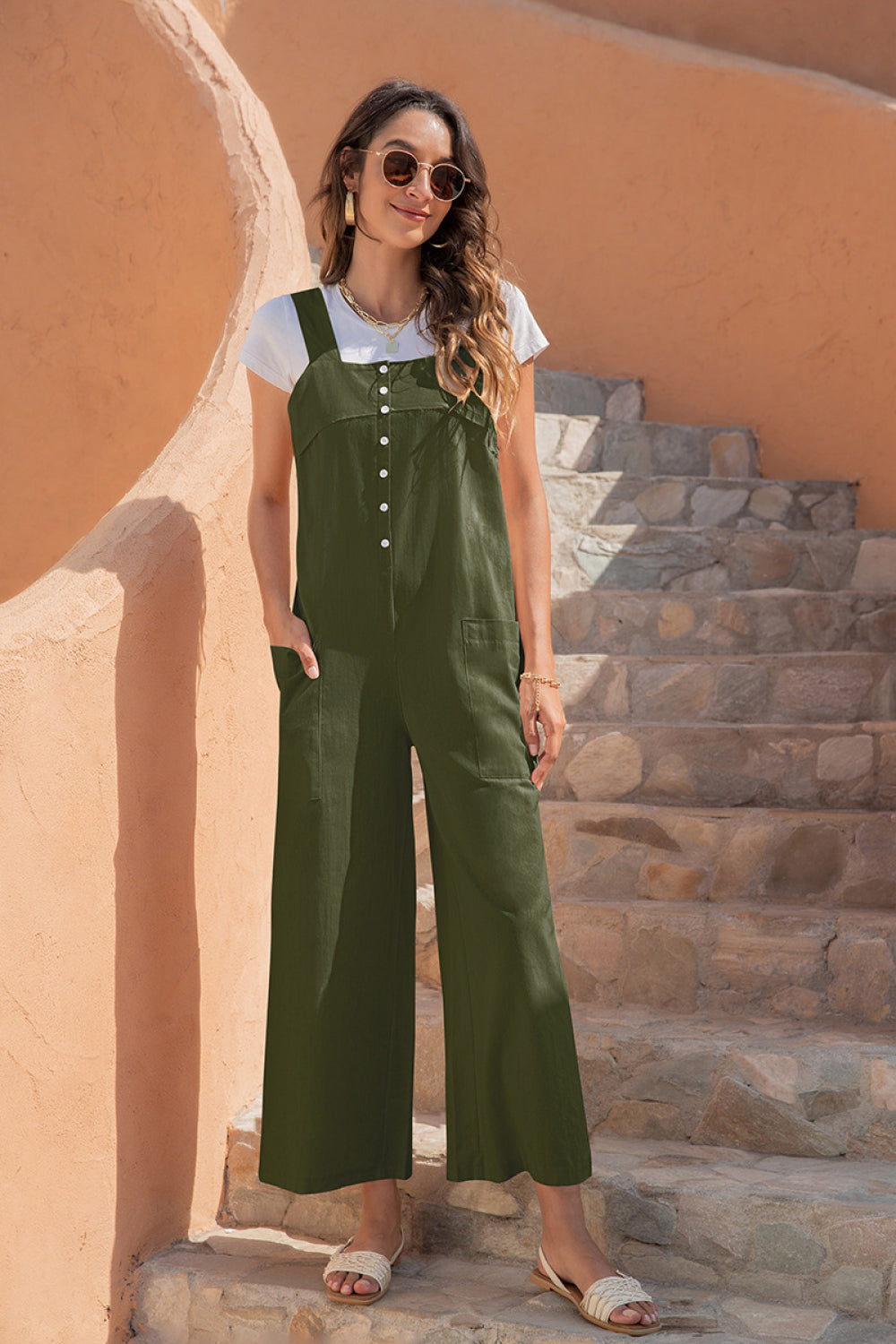 Button Up Pocketed Wide Leg Jumpsuit - Absolute Fashion 2020