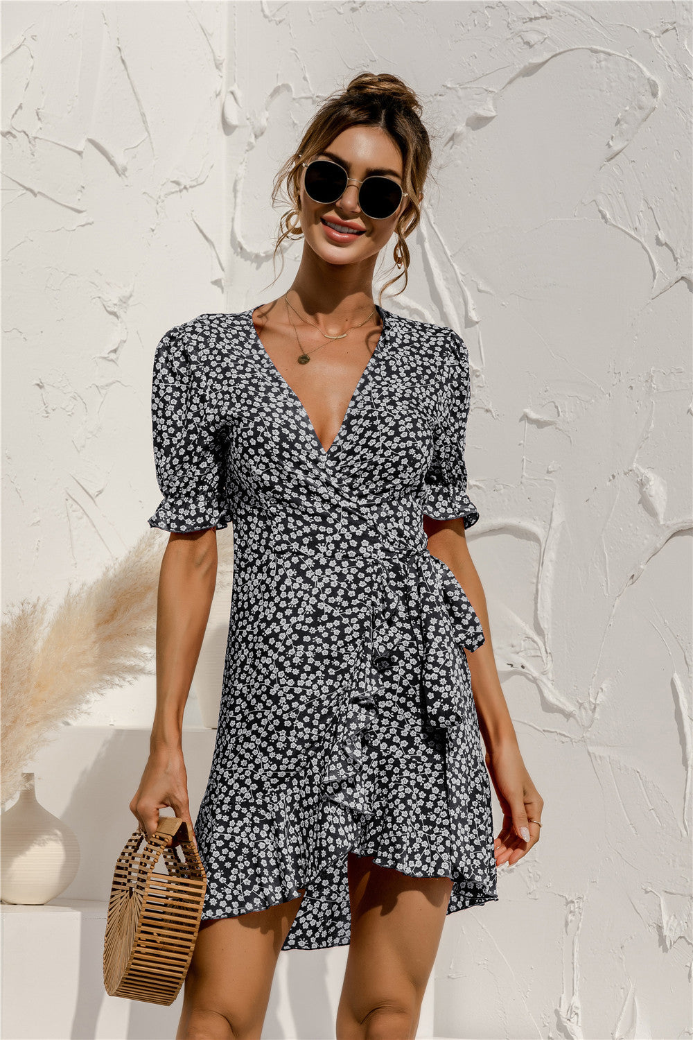 Floral V Neck Ruffle Hem Dress - Absolute Fashion 2020