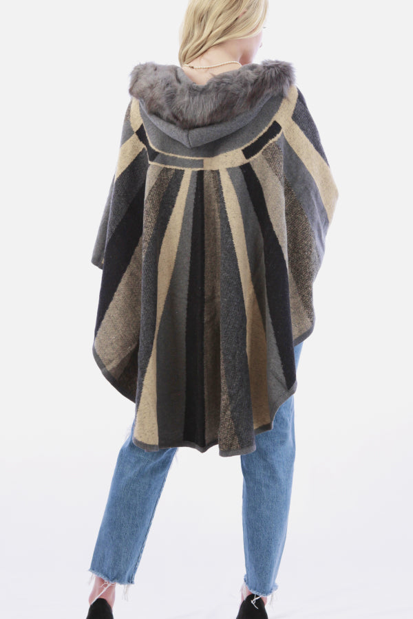 Faux Fur Collar Poncho