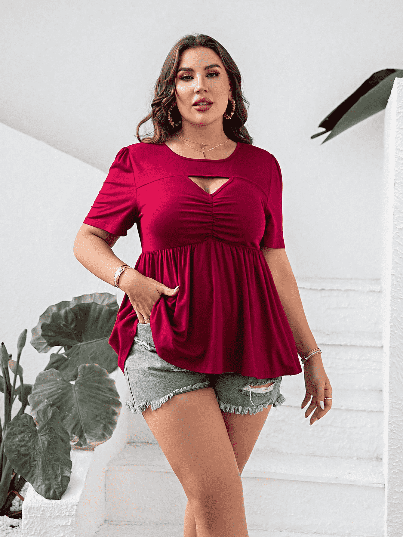 Cutout Round Neck Short Sleeve Blouse