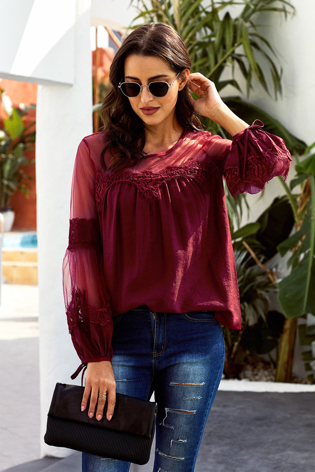 Contrast Sheer Mesh Lace Up Blouse - Absolute Fashion 2020