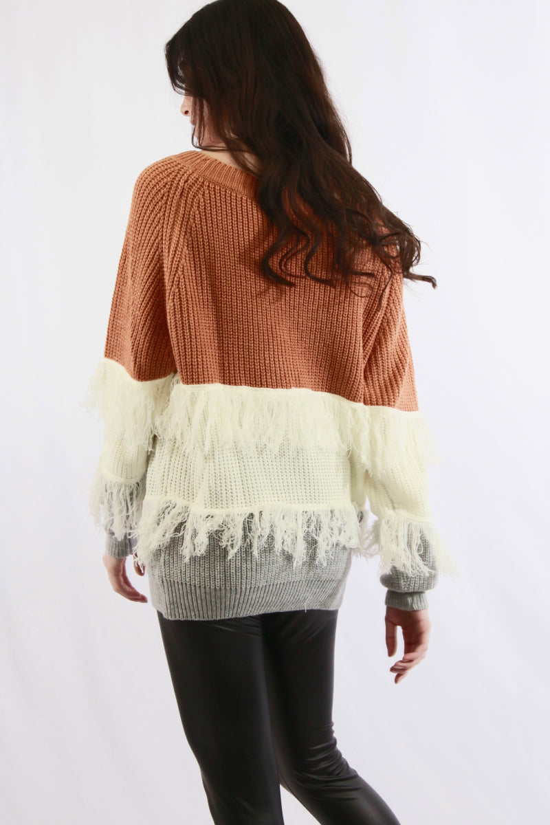 Fringe Detail Color Block Sweater
