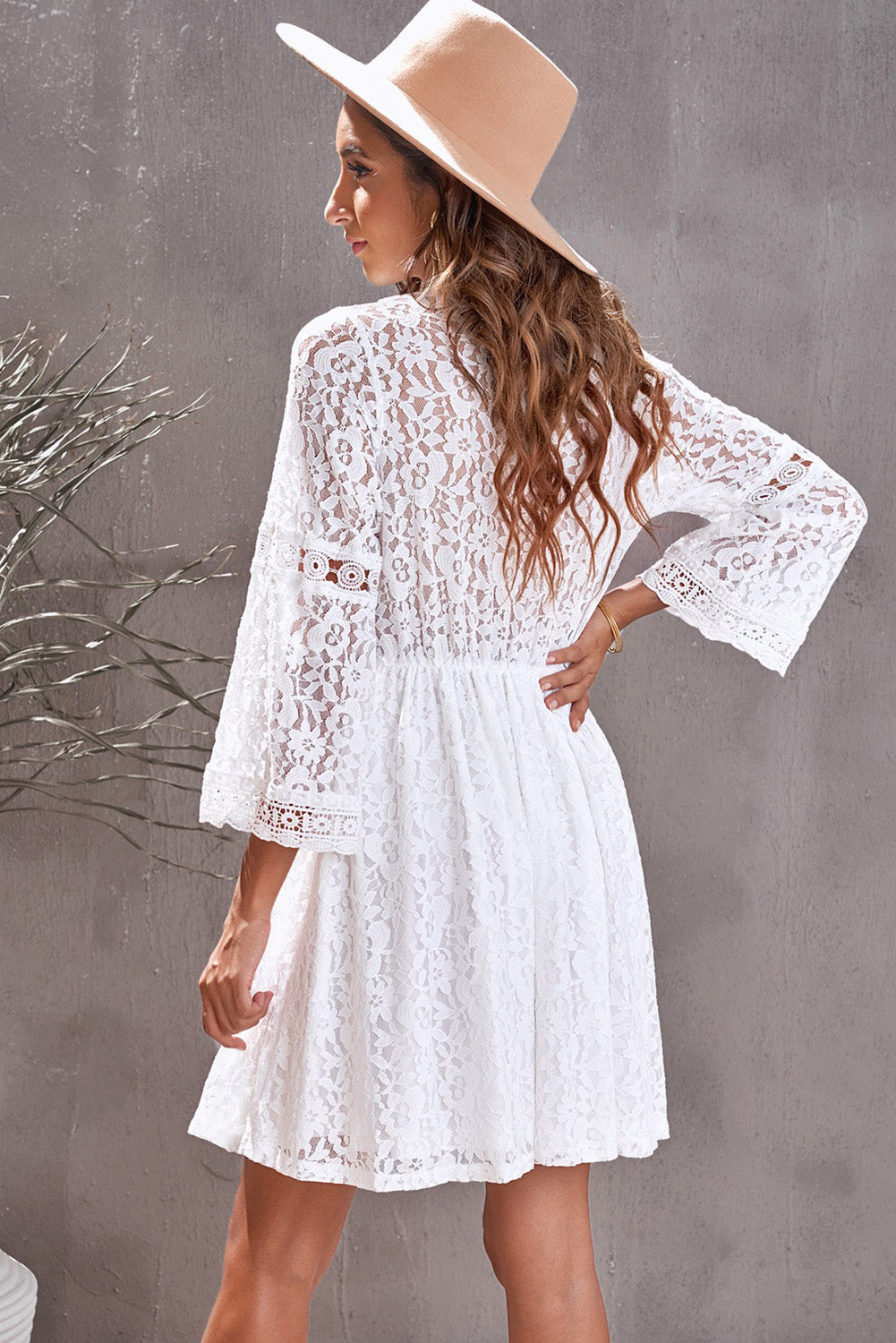 Lace V-Neck See-through Sleeve Mini Dress - Absolute Fashion 2020