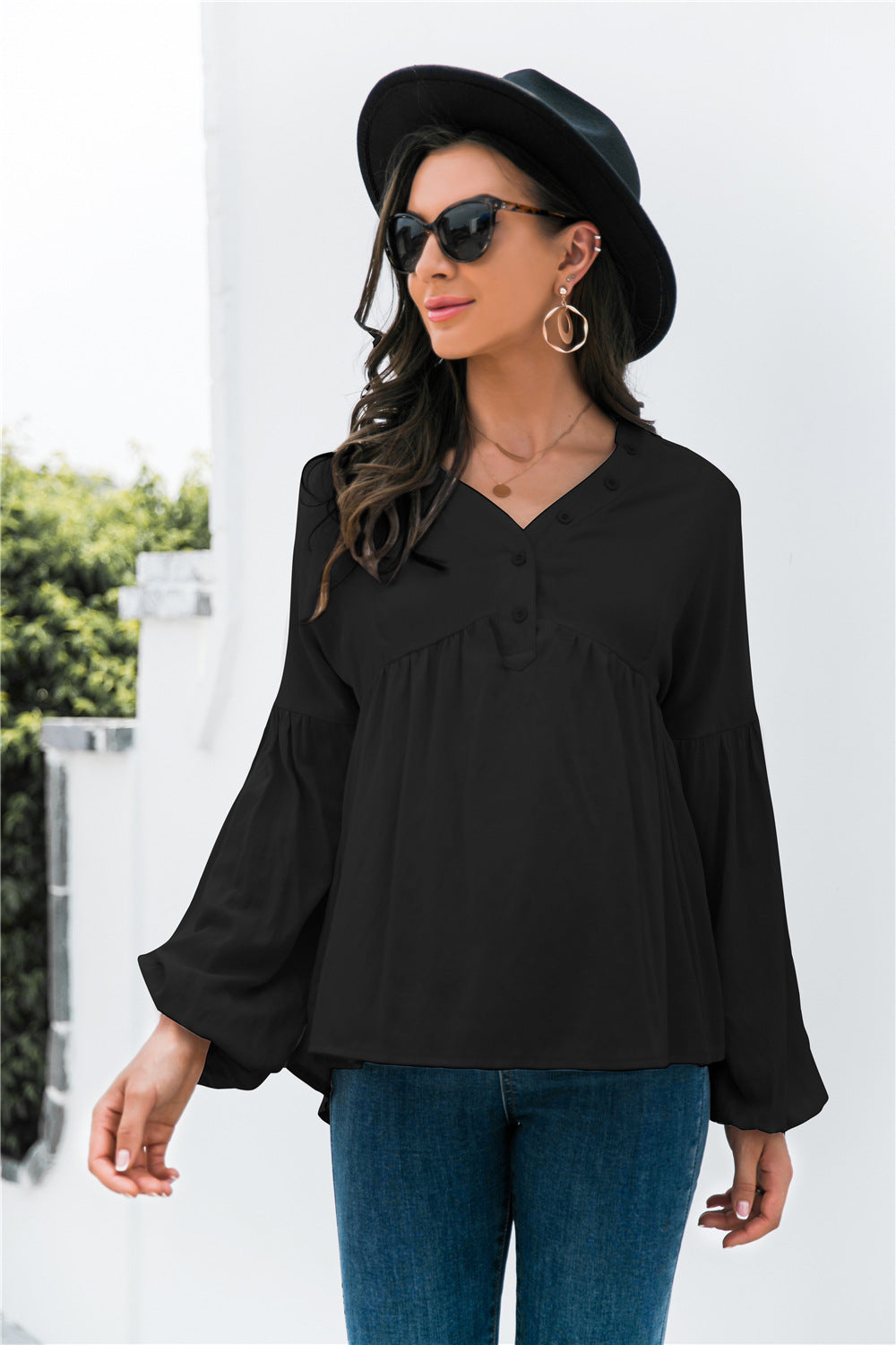 Button Detail Lantern Sleeve Peplum Top - Absolute Fashion 2020