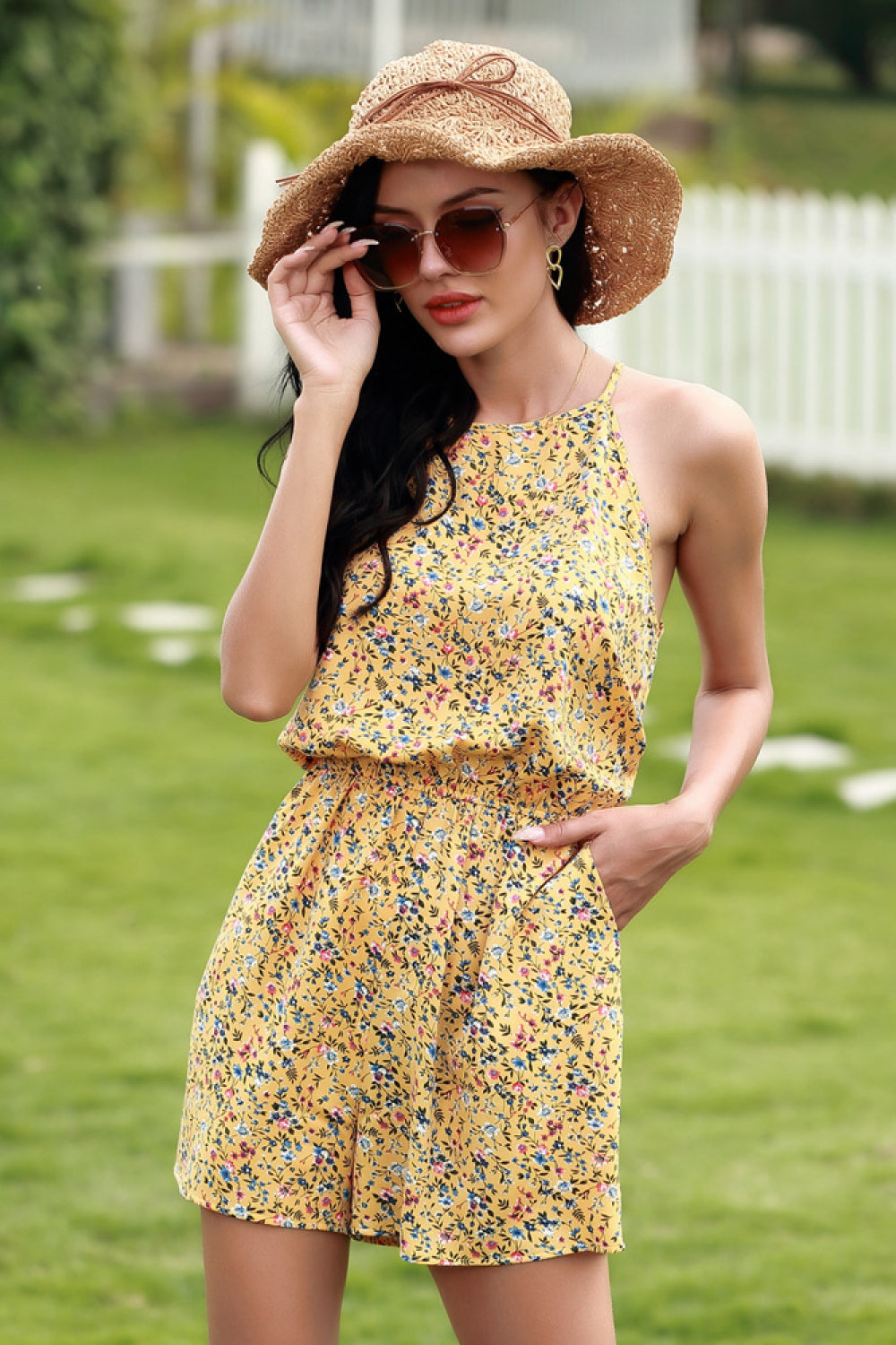 Ditsy Print Halter Jumpsuit