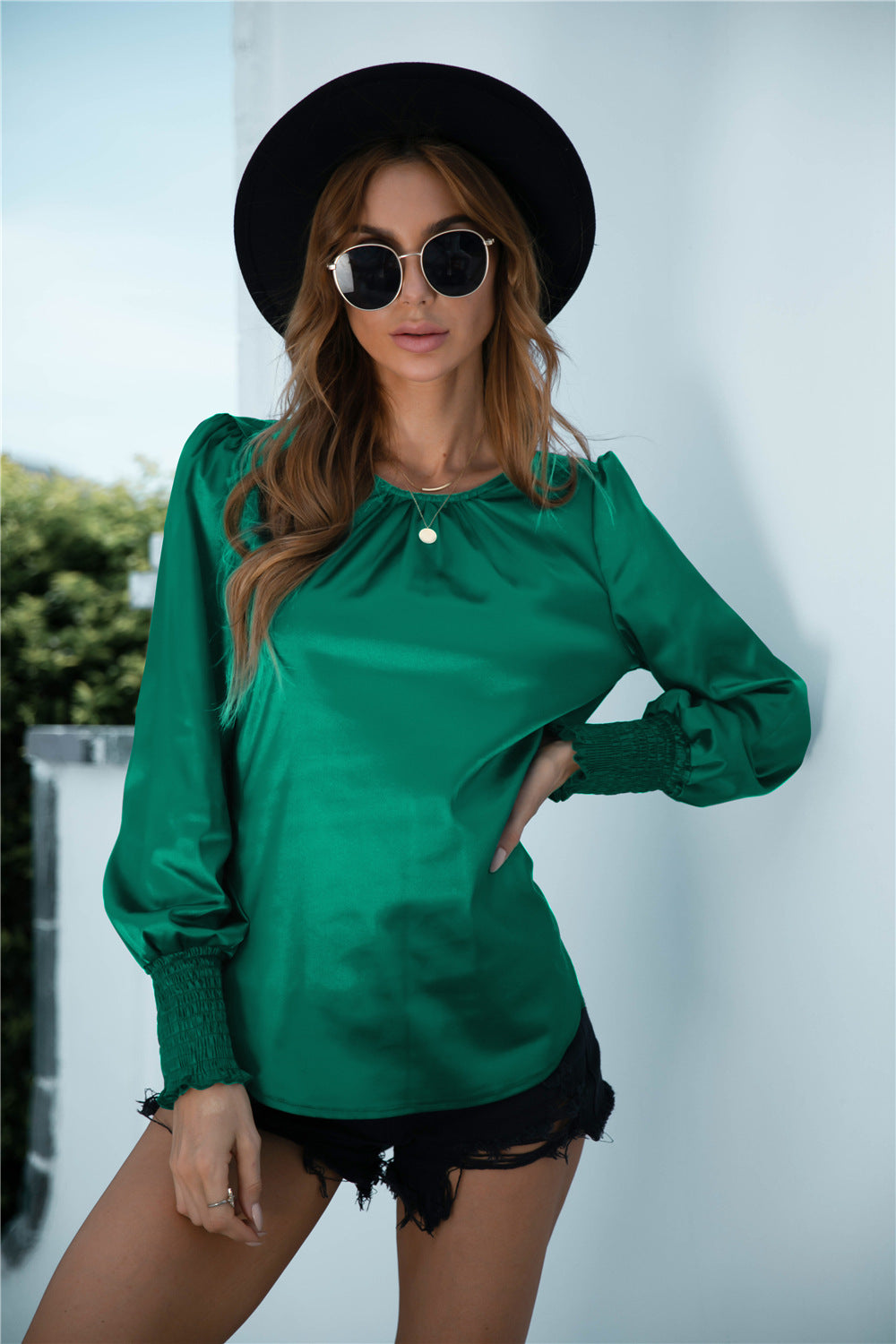 Ruched Round Neck Keyhole Back Blouse - Absolute Fashion 2020