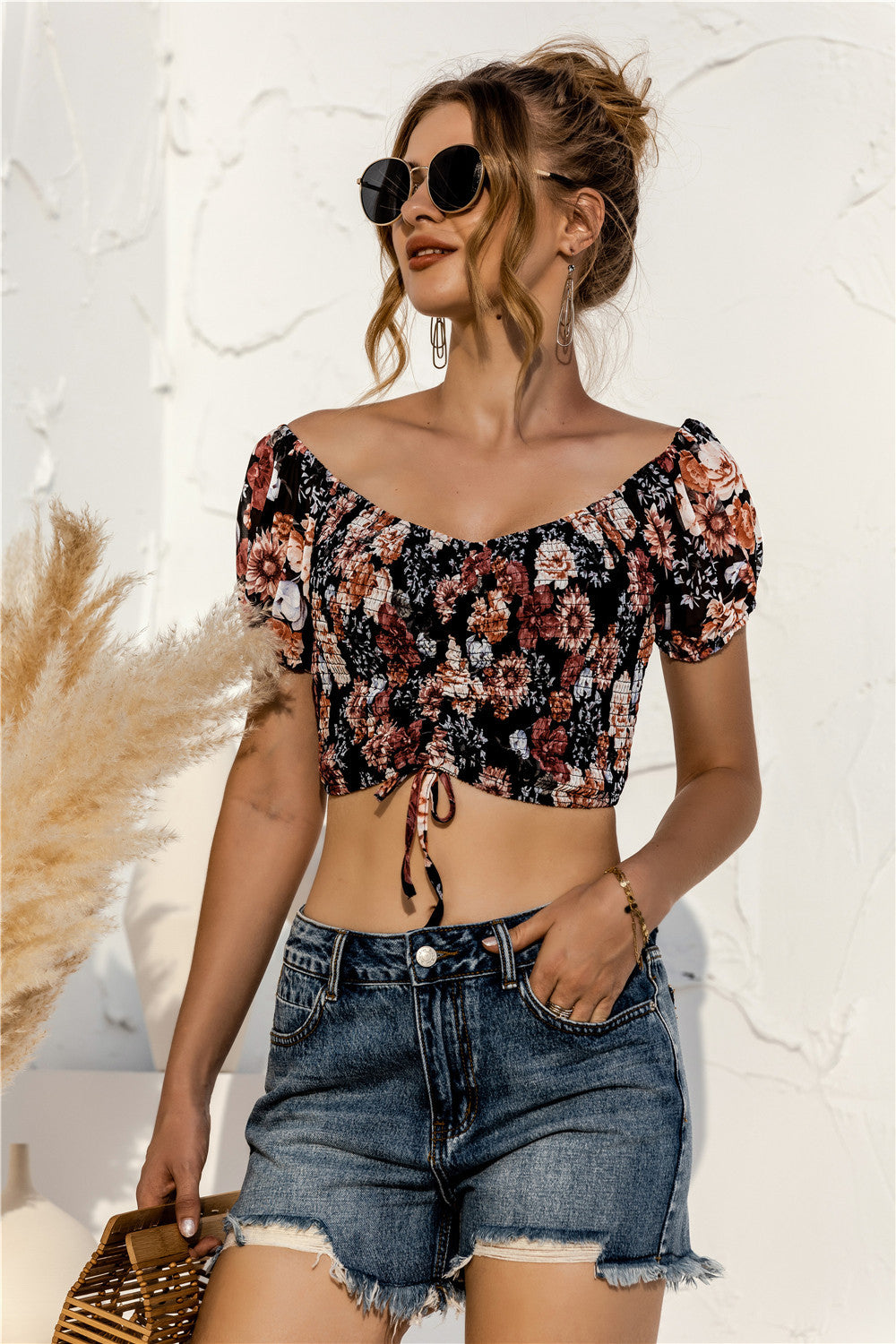 Floral Off Shoulder Drawstrings Crop Top - Absolute Fashion 2020