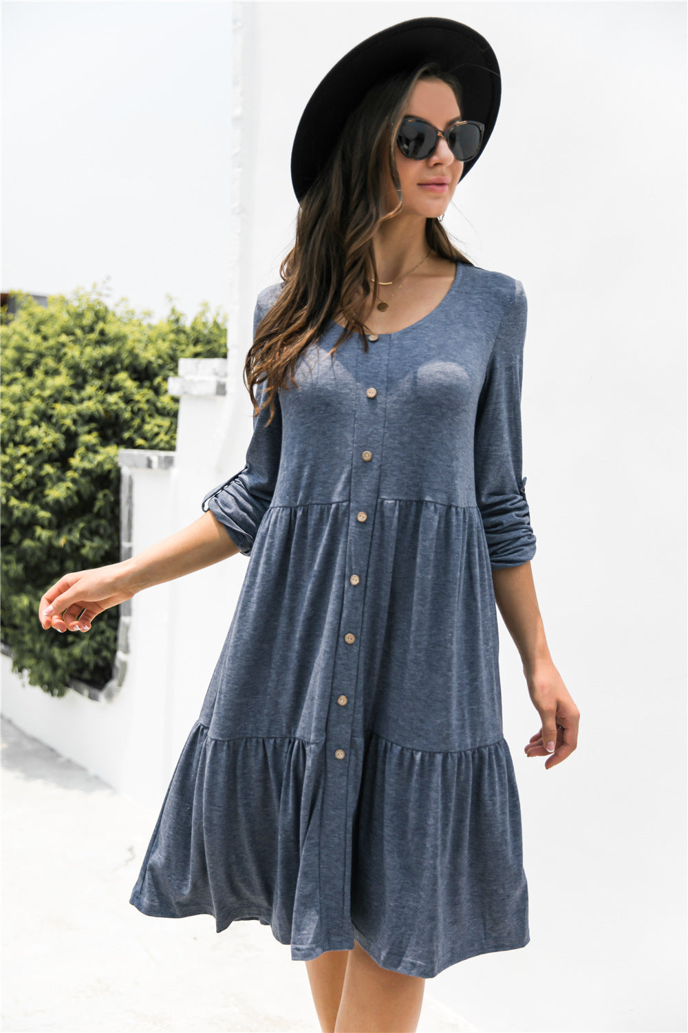 Button Down Rolled Sleeve Ruffle Dress - Absolute Fashion 2020