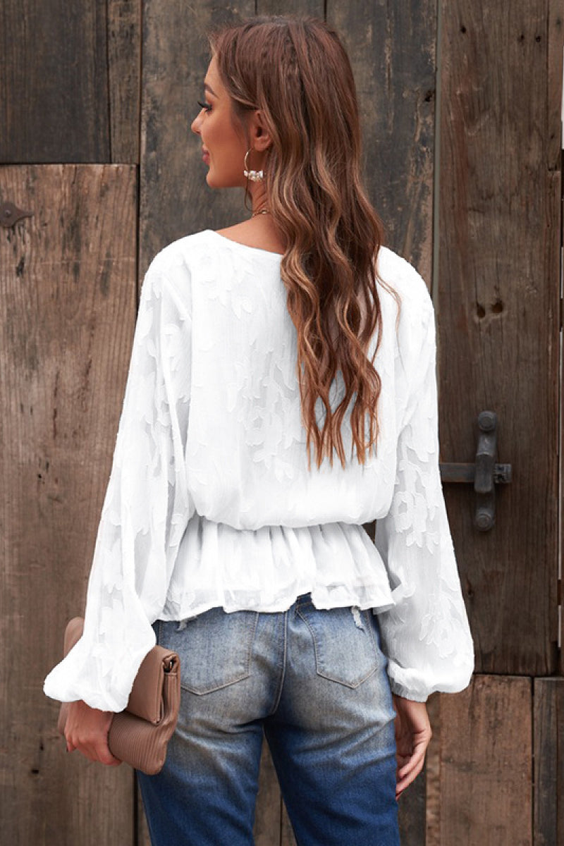 Floral Jacquard Buttoned Long Sleeve Blouse - Absolute Fashion 2020