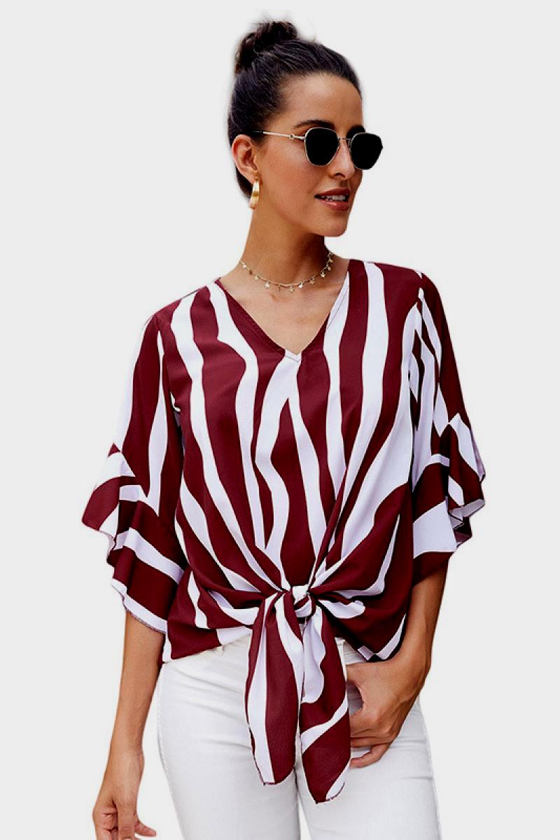 Striped Flounce Sleeve Knot Hem Top - Absolute Fashion 2020
