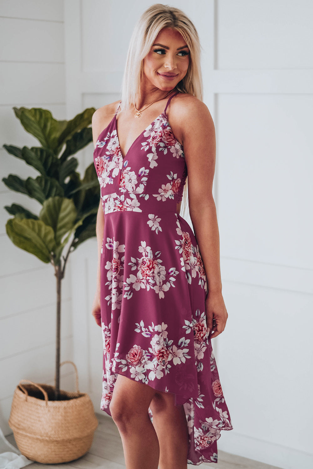 Floral Cutout High-Low Lace Back Dress