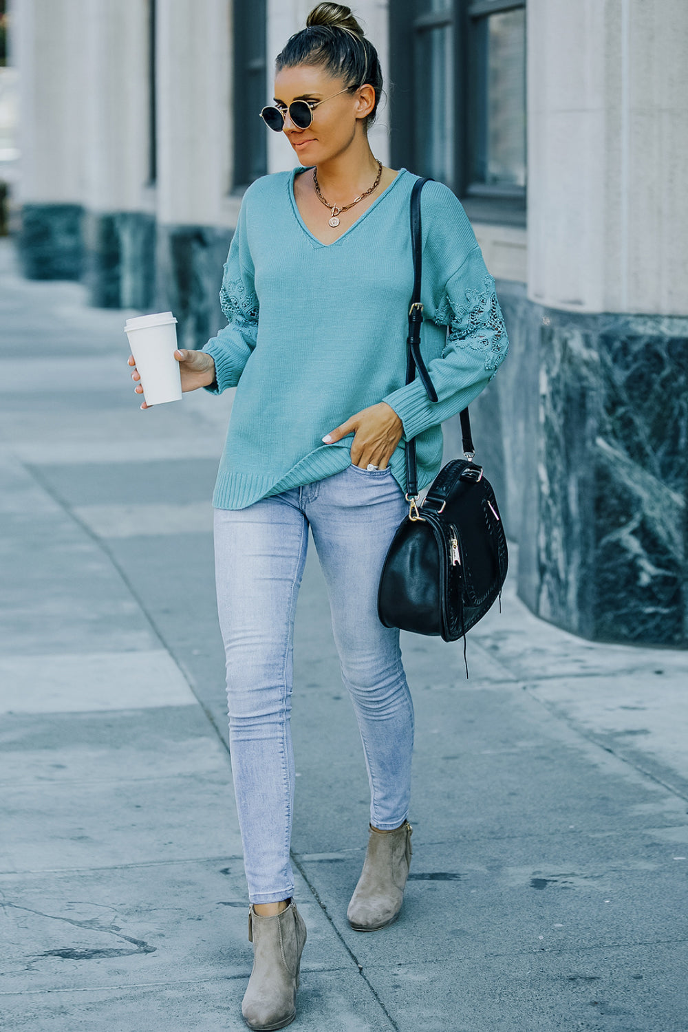 Lace Up Sleeve Drop Shoulder Sweater