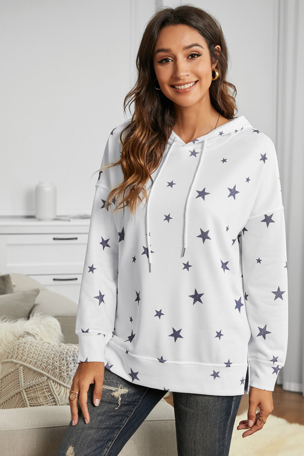 Star Print Long Sleeve Hoodie - Absolute Fashion 2020