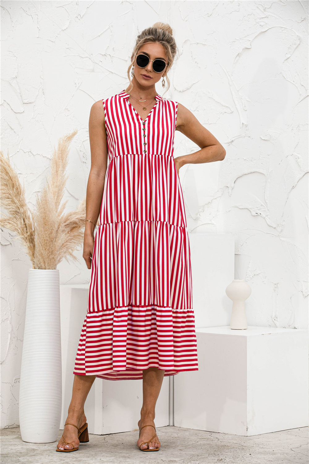 Striped Tiered Sleeveless Swing Dress - Absolute Fashion 2020