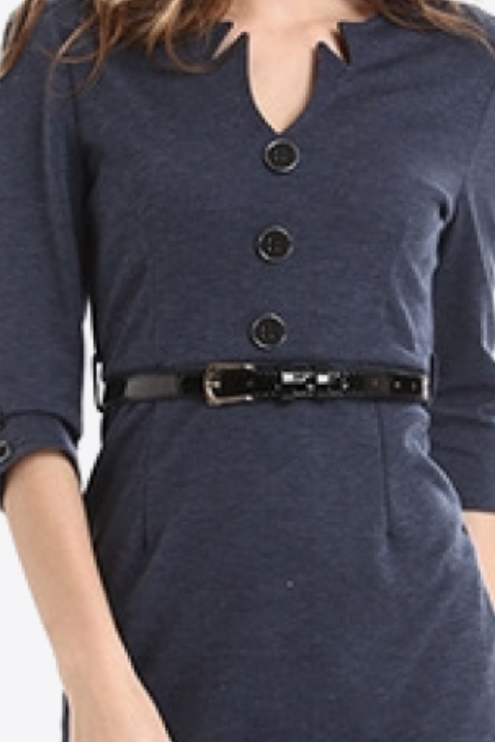 Full Size Decorative Button Puff Sleeve Notched Neck Dress