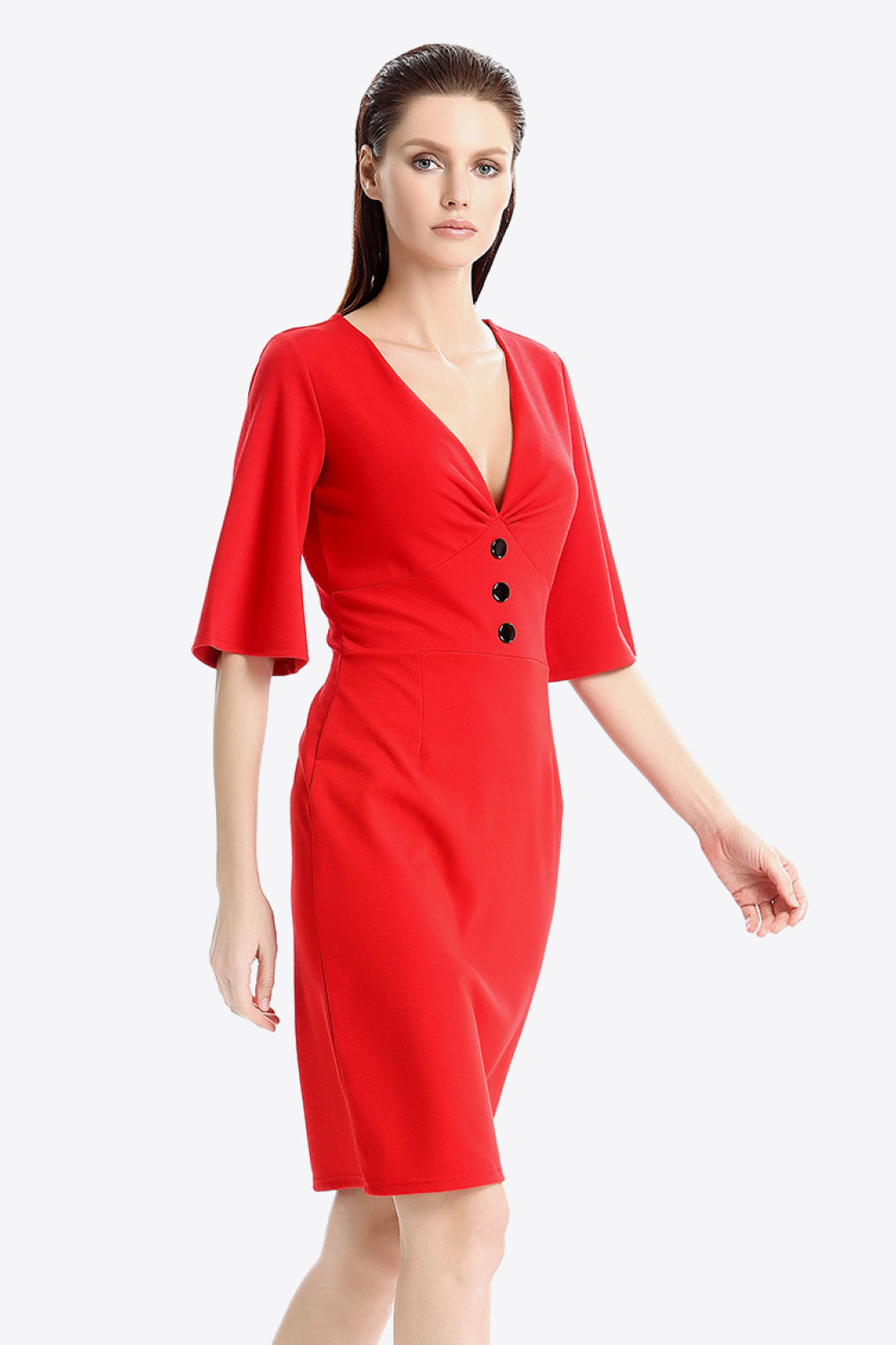 Full Size Decorative Button Flare Sleeve Plunge Dress