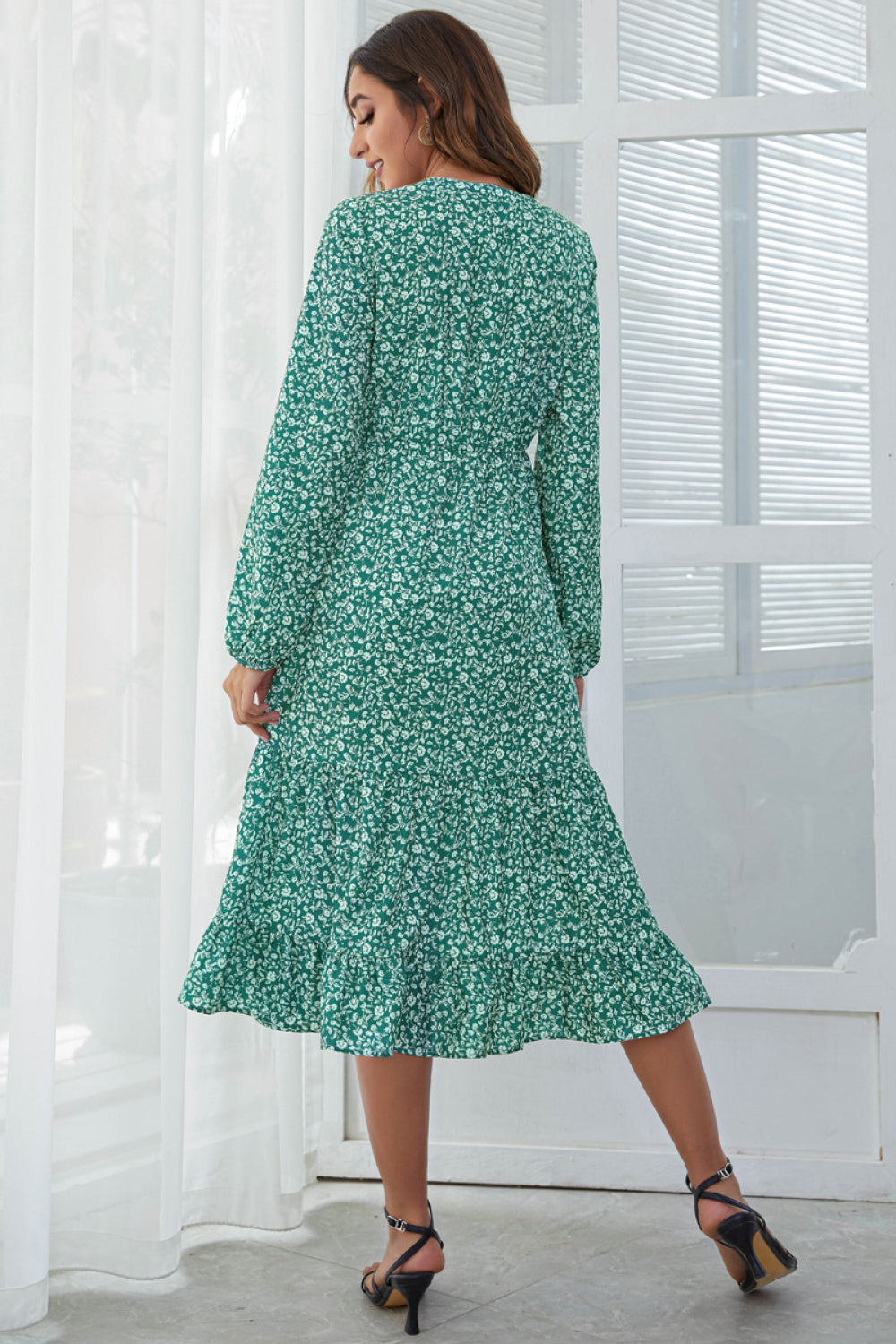 Floral Split Neck Ruffle Hem Midi Dress