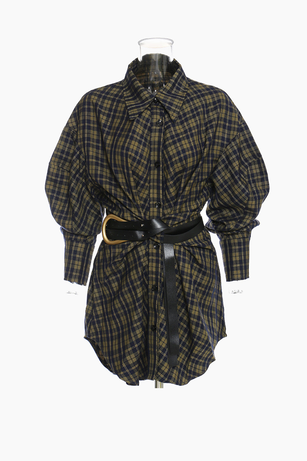 GAWQO Plaid Button Down Shirt Dress with Belt