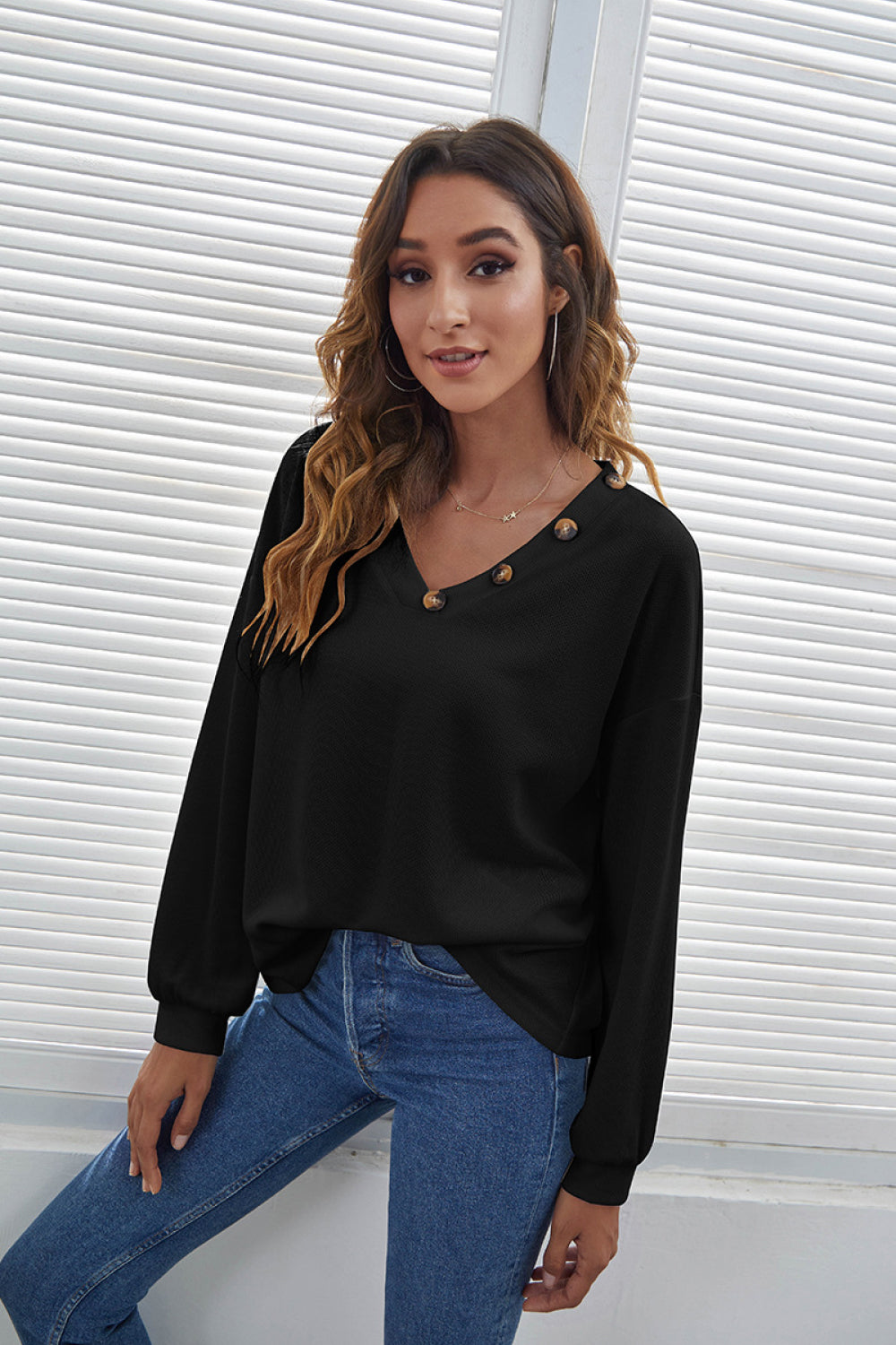 Button Trim V-Neck Knitted Pullover