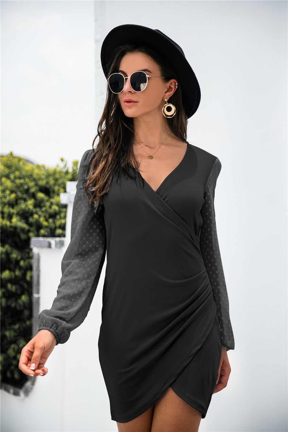 Contrast Mesh Sleeve Wrap Front Dress - Absolute Fashion 2020