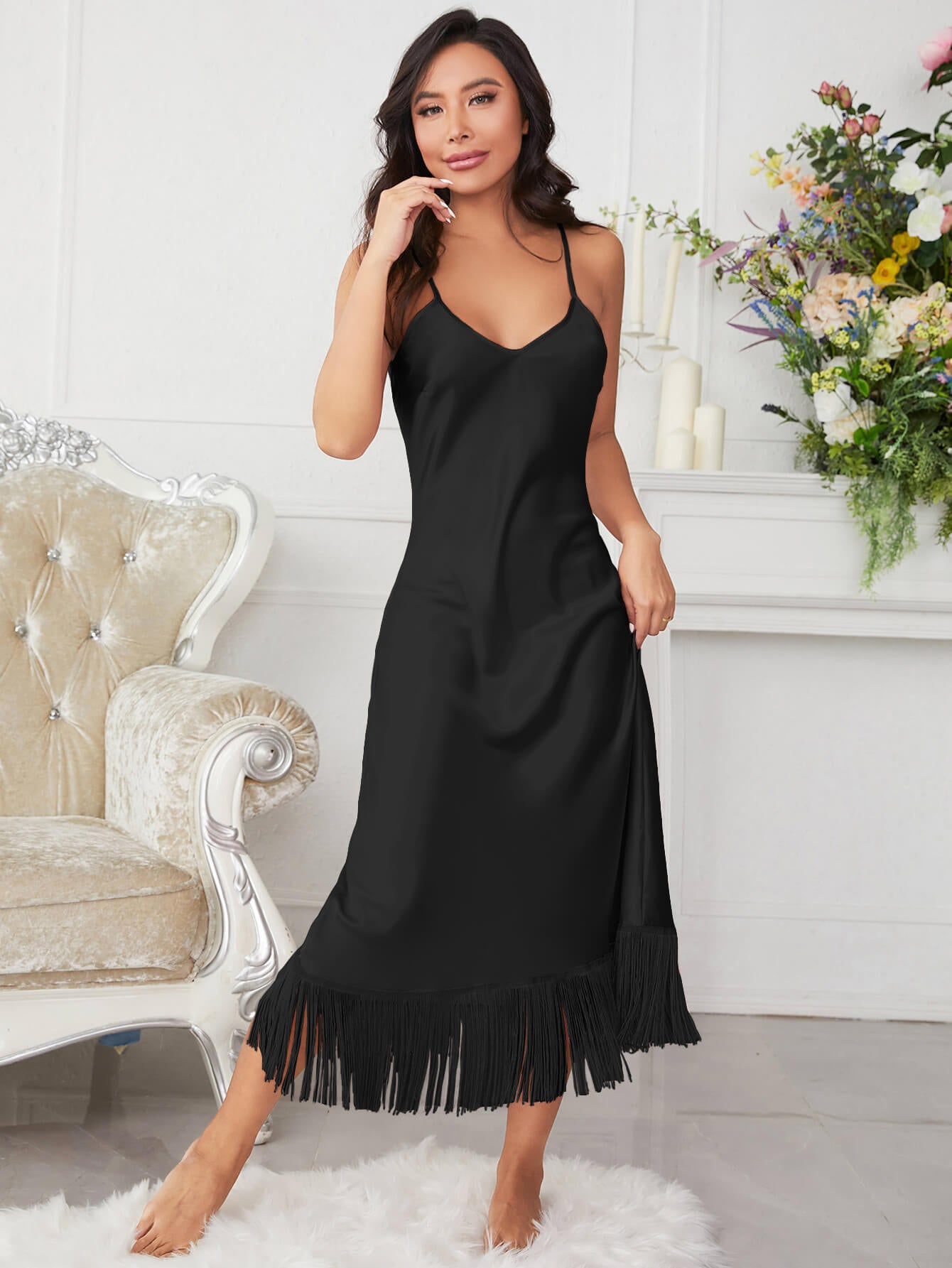 Spaghetti Strap V-Neck Ruffle Hem Satin Night Dress