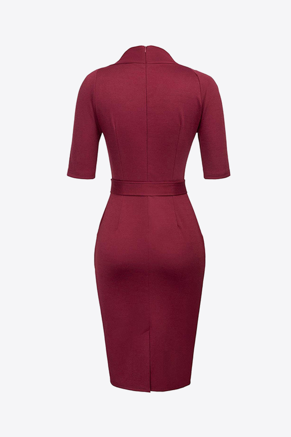 Decorative Button Belted Zip-Back Slit Dress