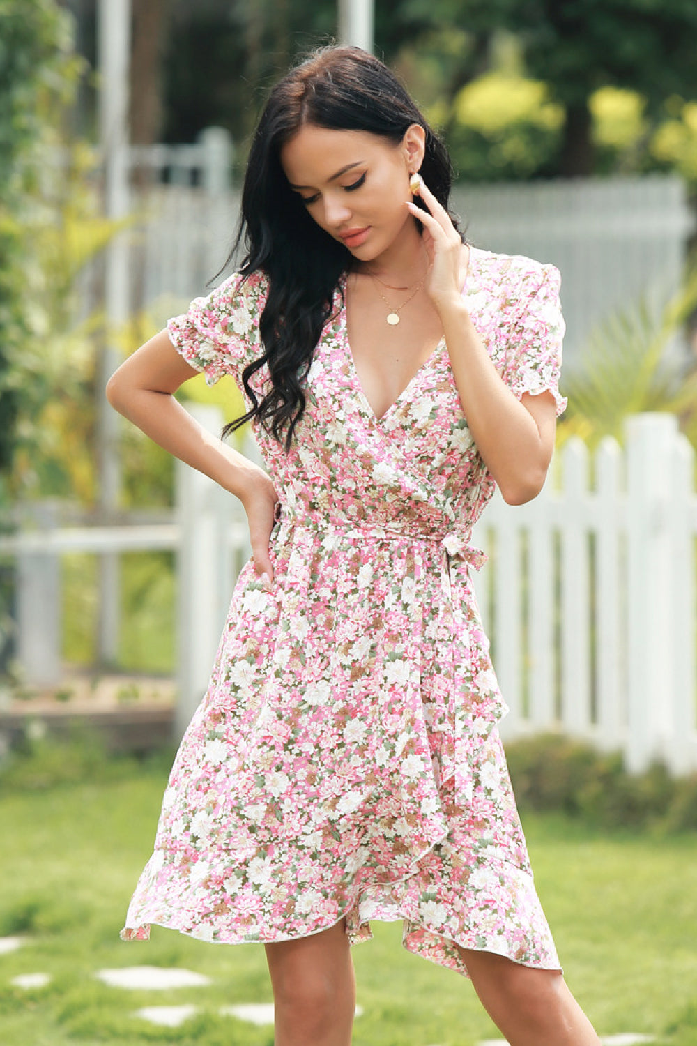 V-neck Irregular Floral Print Dress
