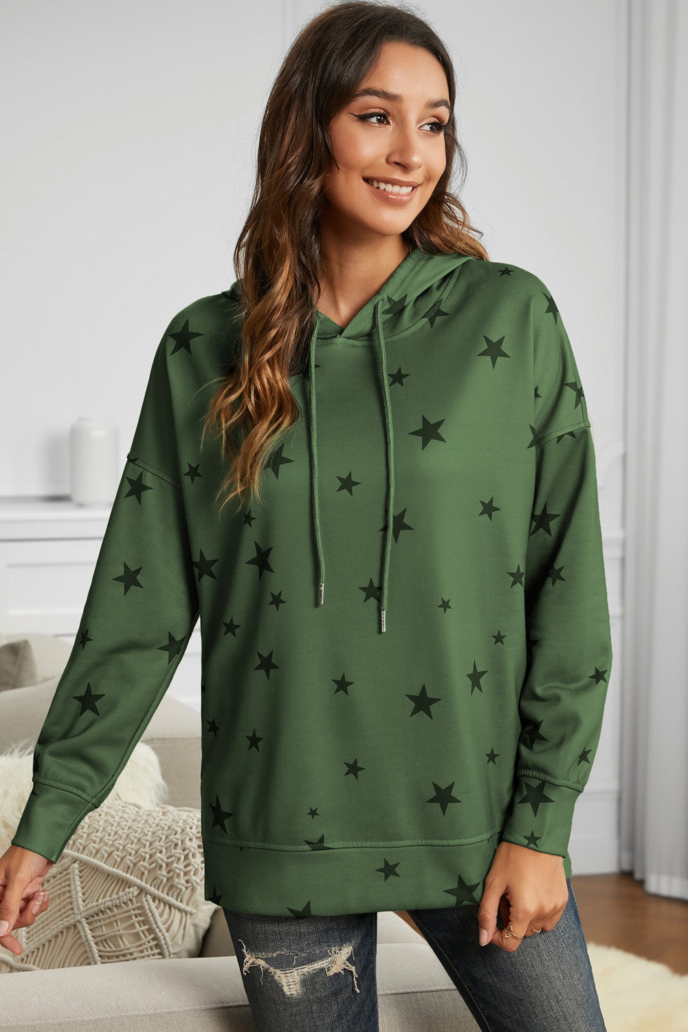 Star Print Long Sleeve Hoodie - Absolute Fashion 2020