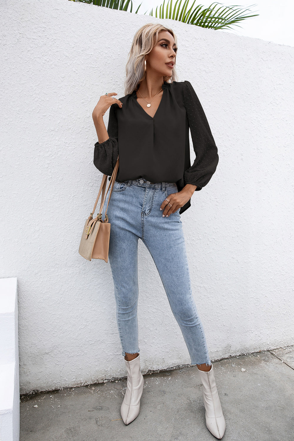 Swiss Dot Puff Sleeve Contrast Blouse - Absolute Fashion 2020