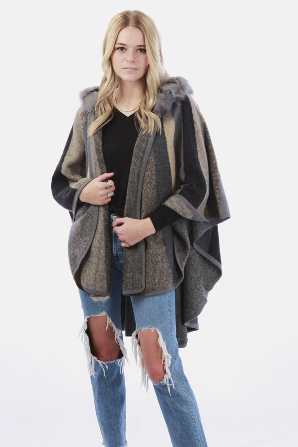 Faux Fur Collar Poncho