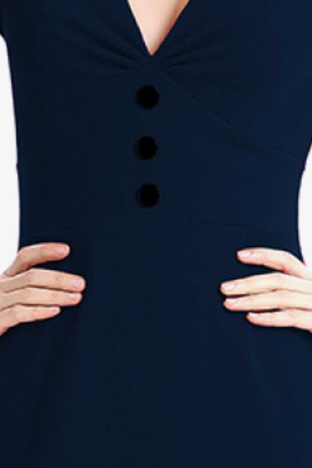Full Size Decorative Button Flare Sleeve Plunge Dress
