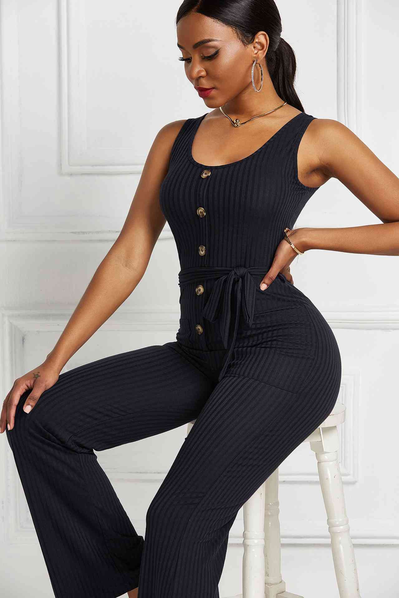 Button Detail Tie Waist Jumpsuit with Pockets - Absolute Fashion 2020