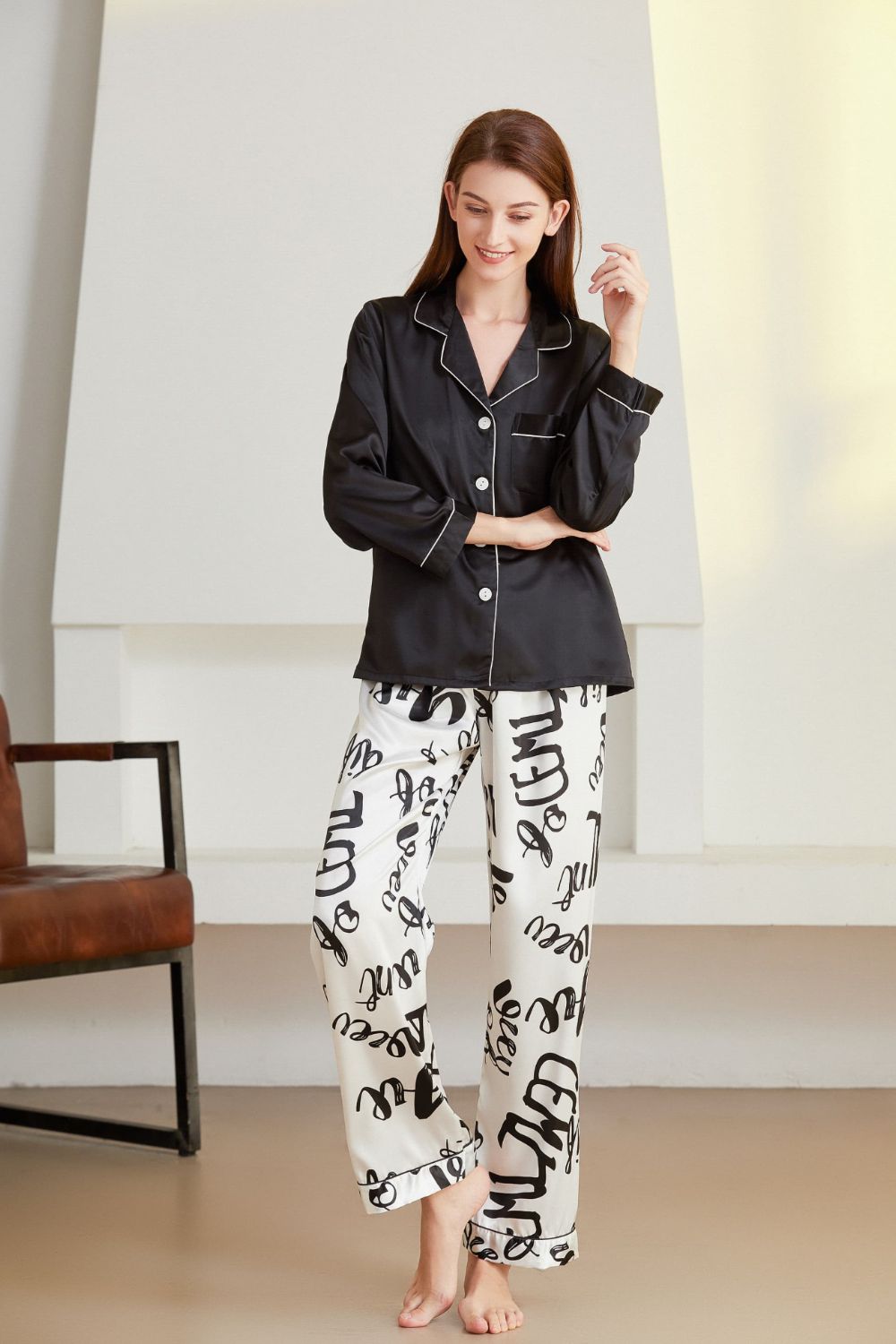 Satin Button-Up Lapel Collar Top and Pants Pajama Set