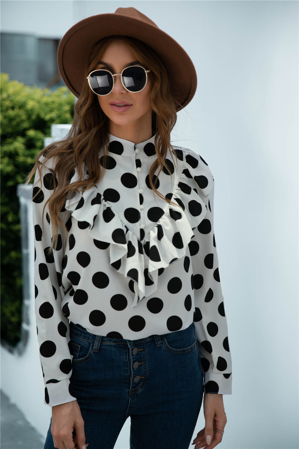 Frill Trim Buttoned Stand Collar Blouse - Absolute Fashion 2020