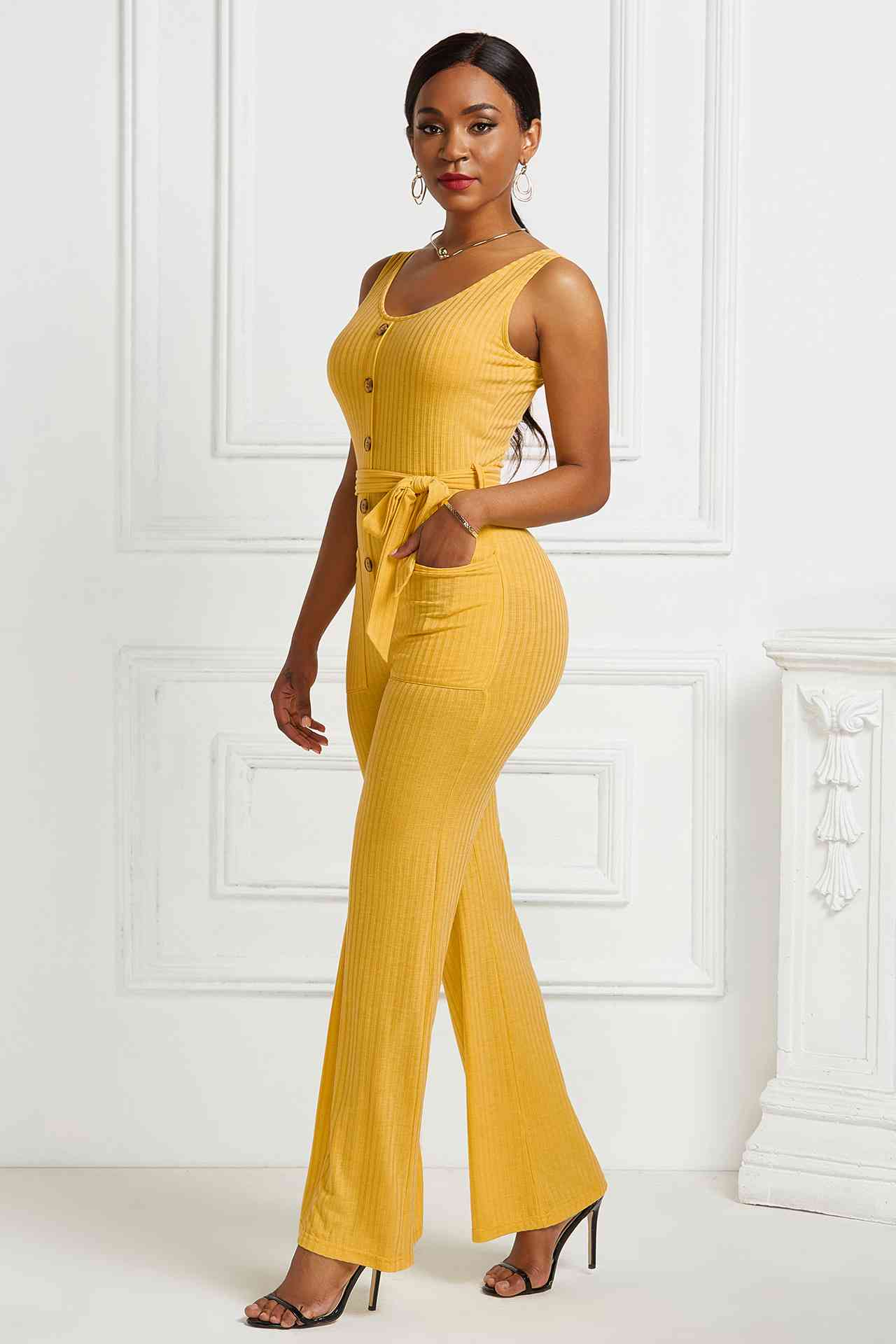 Button Detail Tie Waist Jumpsuit with Pockets - Absolute Fashion 2020
